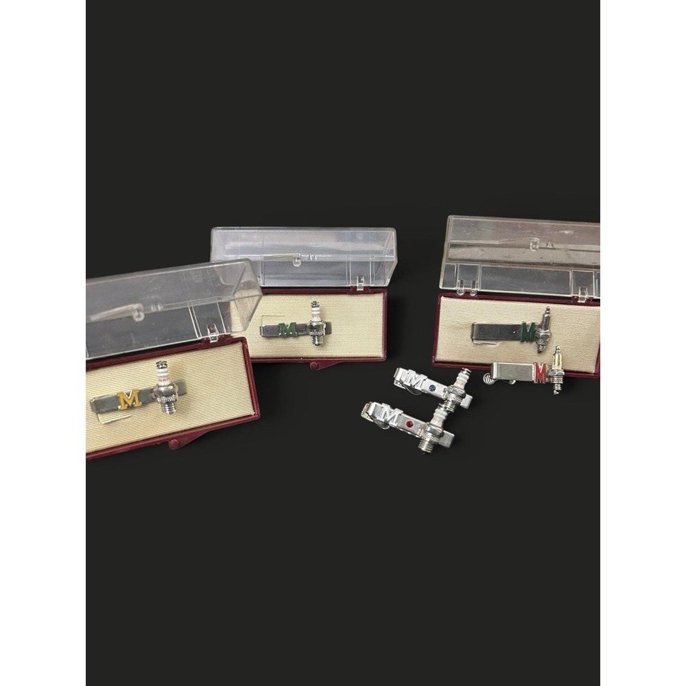 Vintage Champion Spark Plug Tie Clip Lot 6pc Monogram M Silver Tone Mixed